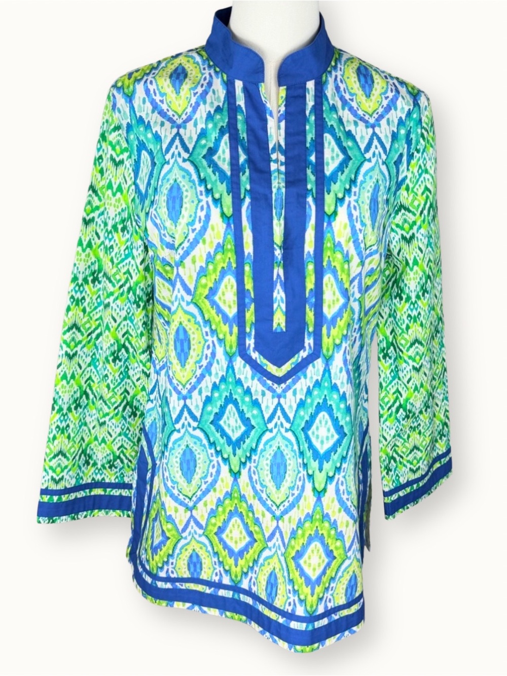 NicoBlu Nicobar Tunic Top Jungle Green Ikat Blue Accent Size Small Excellent